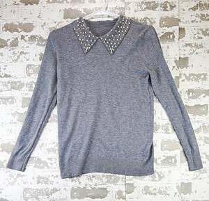 Women's Gray Knit Pullover Sweater Beaded Collar Long Sleeve Solid Size S
